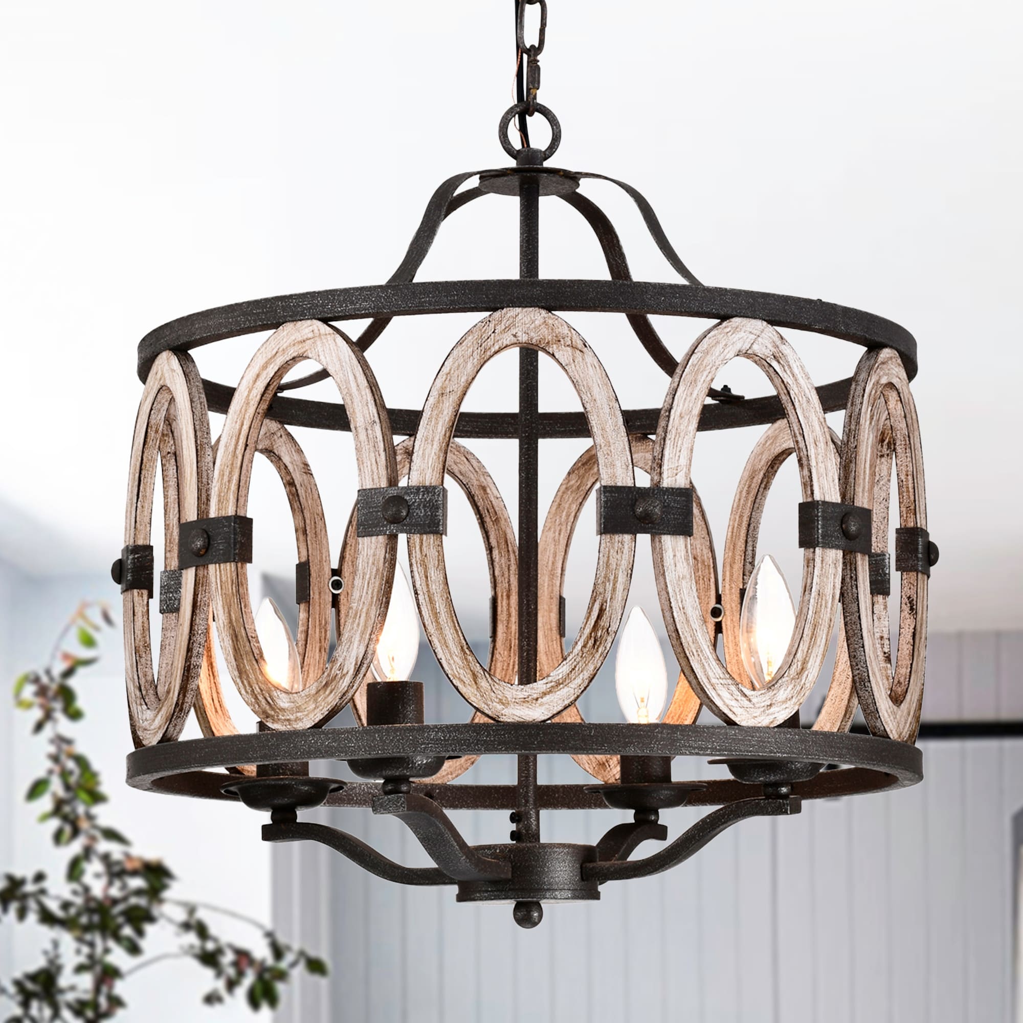 Warehouse of Tiffany Moonring 18 Inch Farmhouse Style Pendant Ceiling Lighted Chandelier - Faux Drift Wood