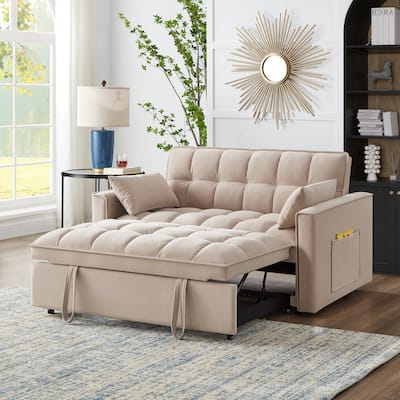 Taupe Modern 52.5" Velvet 4 in1 Loveseat Multi-Function Tufted Pull-Out Sofa Bed with Adjustable Backrest and Pillows
