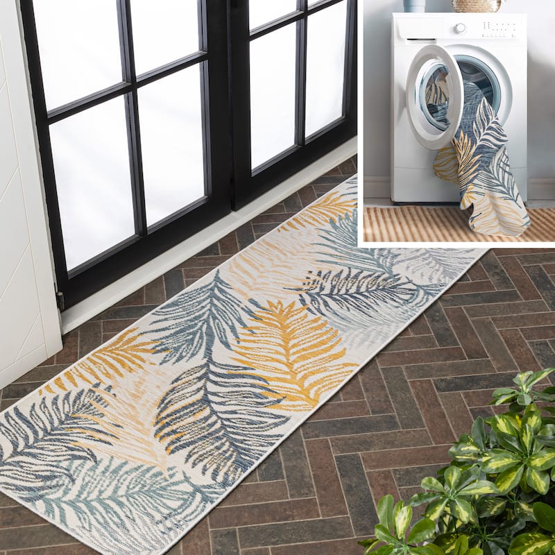 JONATHAN Y Reversible Arielle Coastal Casual Palm Frond Machine-Washable Indoor/Outdoor Area Rug - 2 X 8