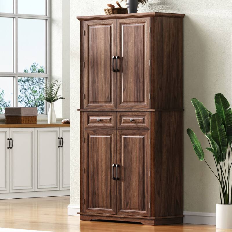 Kitchen Pantry Cabinet with 3 Pull Out Trays, Freestanding Buffet Cabinet with Adjustable Shelves, 2 Door Organizers & 2 Drawers