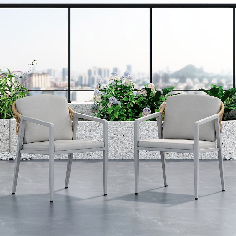 Roomfitters Outdoor Dining Chairs, Wicker Rattan Woven Patio Chairs with Waterproof Seat and Cushion, Set of 2, Grey - Gray