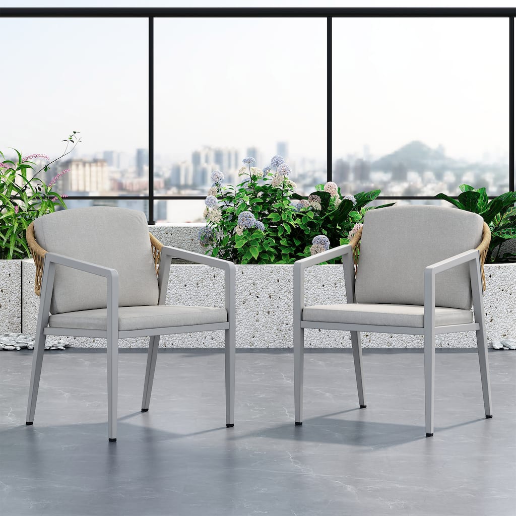 Roomfitters Outdoor Dining Chairs, Wicker Rattan Woven Patio Chairs with Waterproof Seat and Cushion, Set of 2, Grey