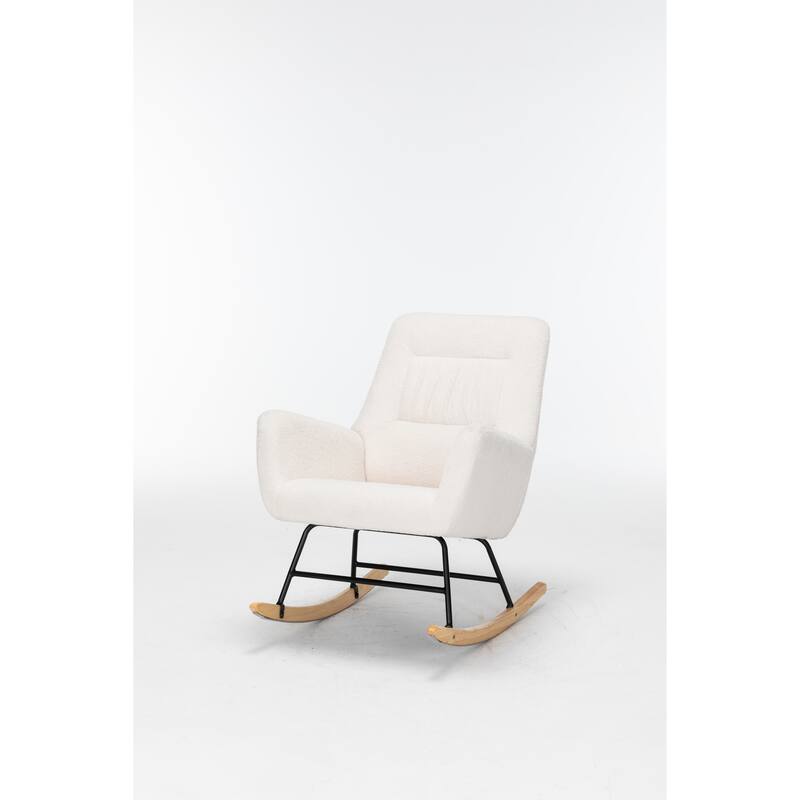 Teddy Upholstered Glider Rocking Chair, Reading Chair with High Backrest, Lounge Chair with Armrest and Wooden Legs