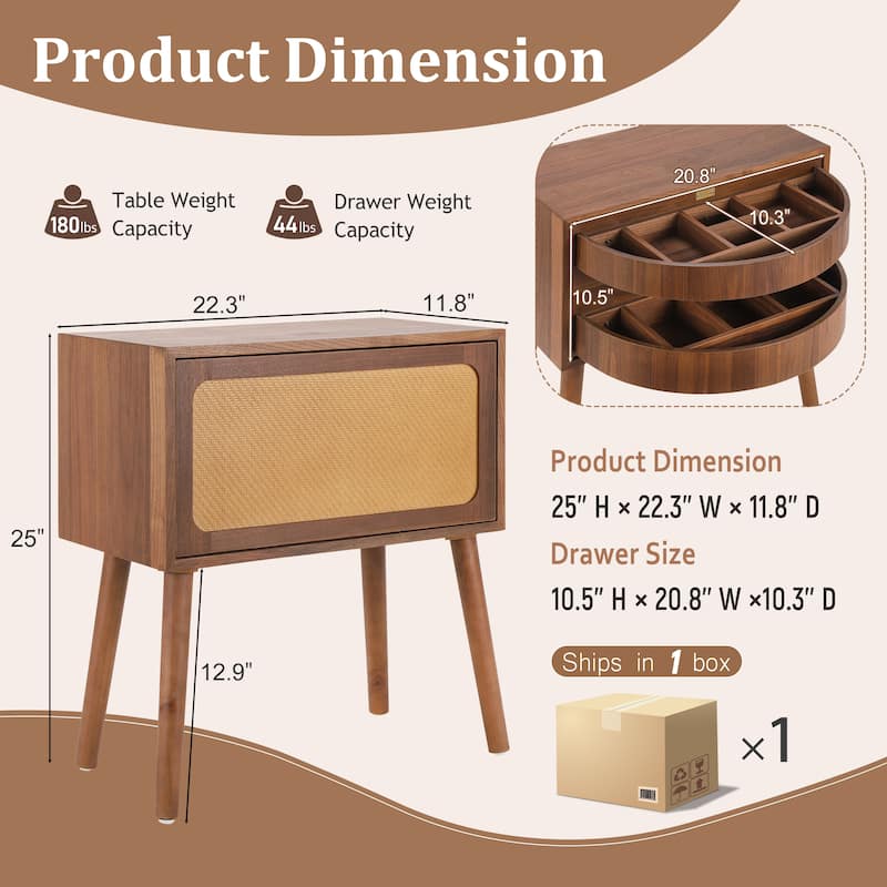 Mid-Century Modern Rotating Hidden Compartment Rattan Nightstand - Walnut