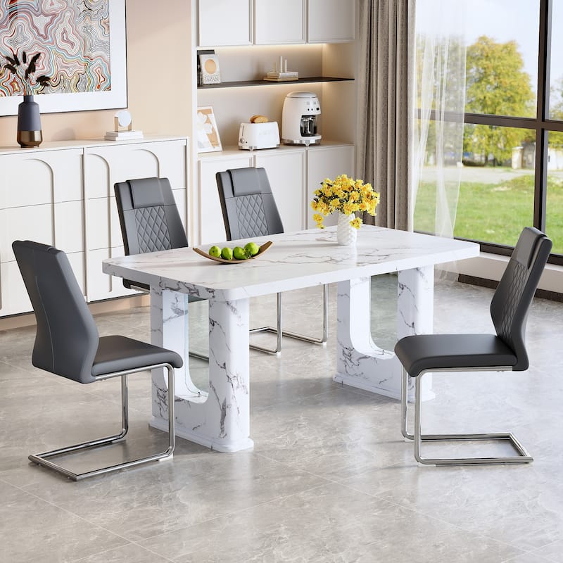 5-Piece Marble Pattern Dining Table Set, PU Leather Grid Chairs with Silver Arched Metal Legs, Anti-Slip Feet