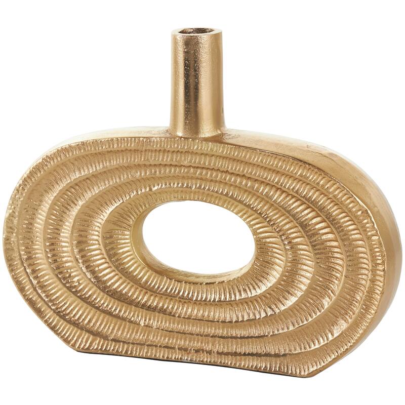 Gold Aluminum Metal Circular Geometric Vase with Linear Etchings