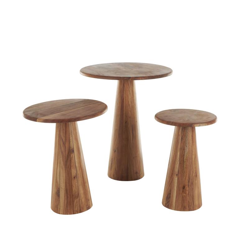 Brown or Light Brown Wood Side End Accent Table with Natural Wood Grains and Cone Shaped Bases (Set of 3)