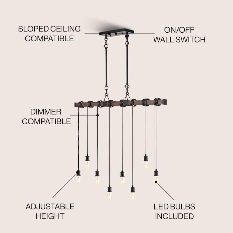 Zoey 40" 8-Light Vintage Driftwood Iron LED Linear Chandelier with Height Adjustable Bulbs, Brown Wood/Black , by JONATHAN Y