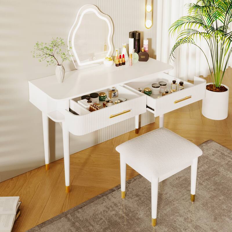 40" Modern Vanity Table Set with Mirror Touch Screen Lighted Mirror, Dressing Table and Cushioned Stool Set with 2 Large Drawers