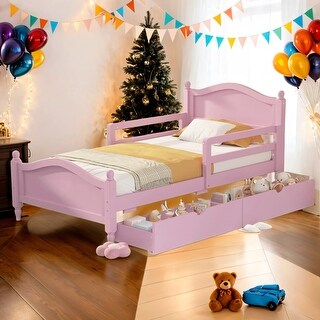 Kid Bed Frame Twin Size Platform Bed with Guardrails and Two Drawers