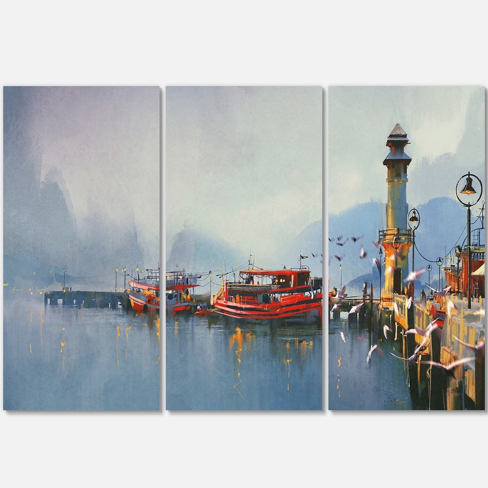 Designart 'Fishing Boats in Harbor' Landscape Metal Wall Art