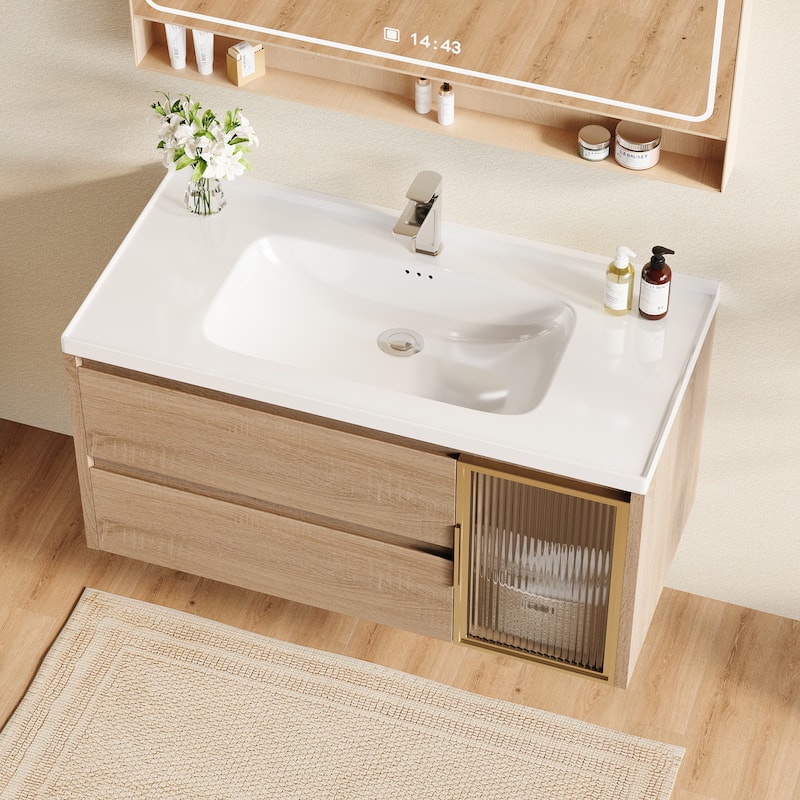 35.8" Single Bathroom Vanity with Sink, Glossy Stone Table top, Not Assembled need - 36" - 36" - Wood Finish/Glossy/Glass Finish - Light Wood