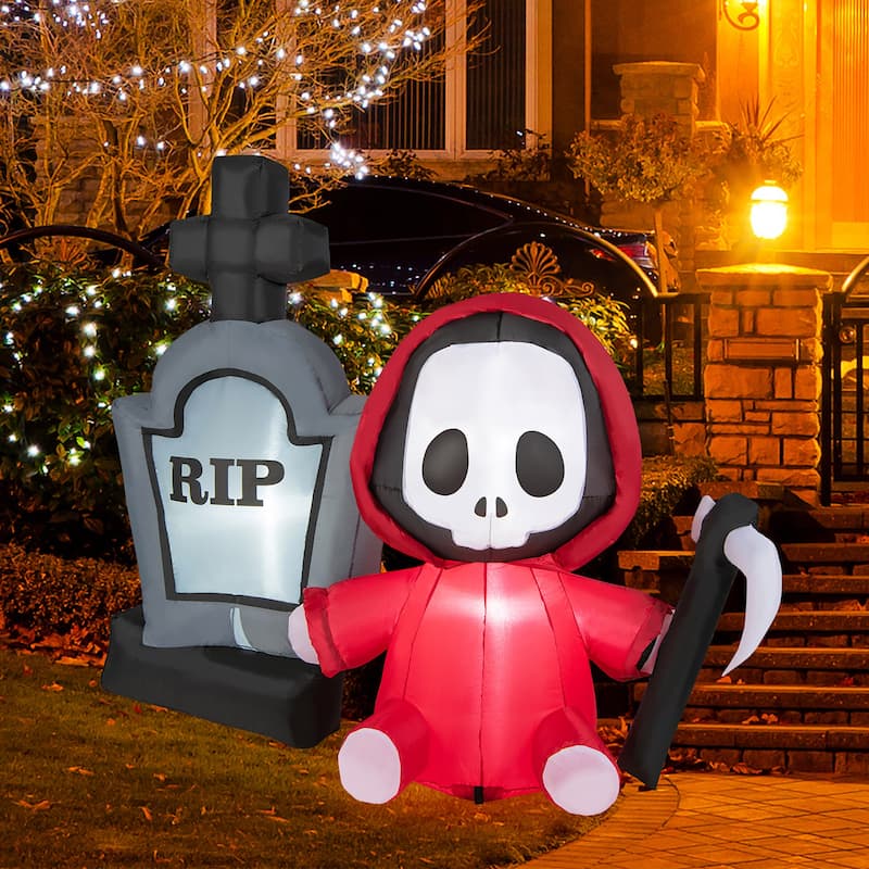 Gymax 5FT Halloween Inflatable Tombstone & Reaper Combo w/ LED &