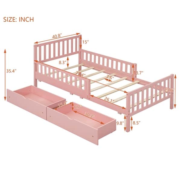 dimension image slide 0 of 2, Wooden Twin Size Platform Bed with 2-Drawers and Guardrails, White