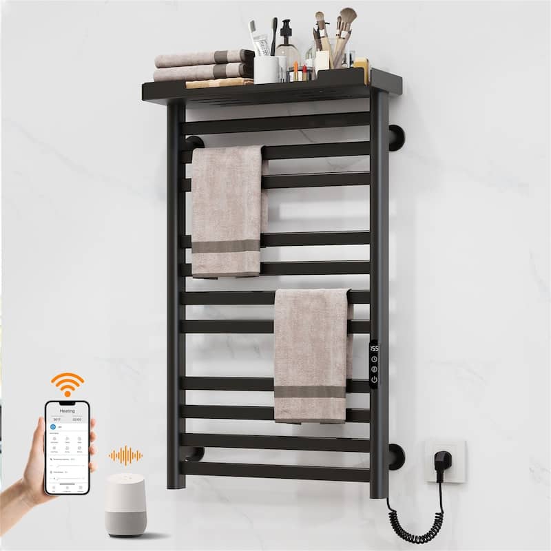 Heated Towel Rack with Shelf and Wi-Fi App Control - Black