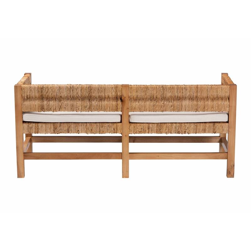 Ismael Accent Bench - Handwoven Seagrass Accent Seating with Mahogany Wood Frame, Raised Back Bench for Entryway or Living Room