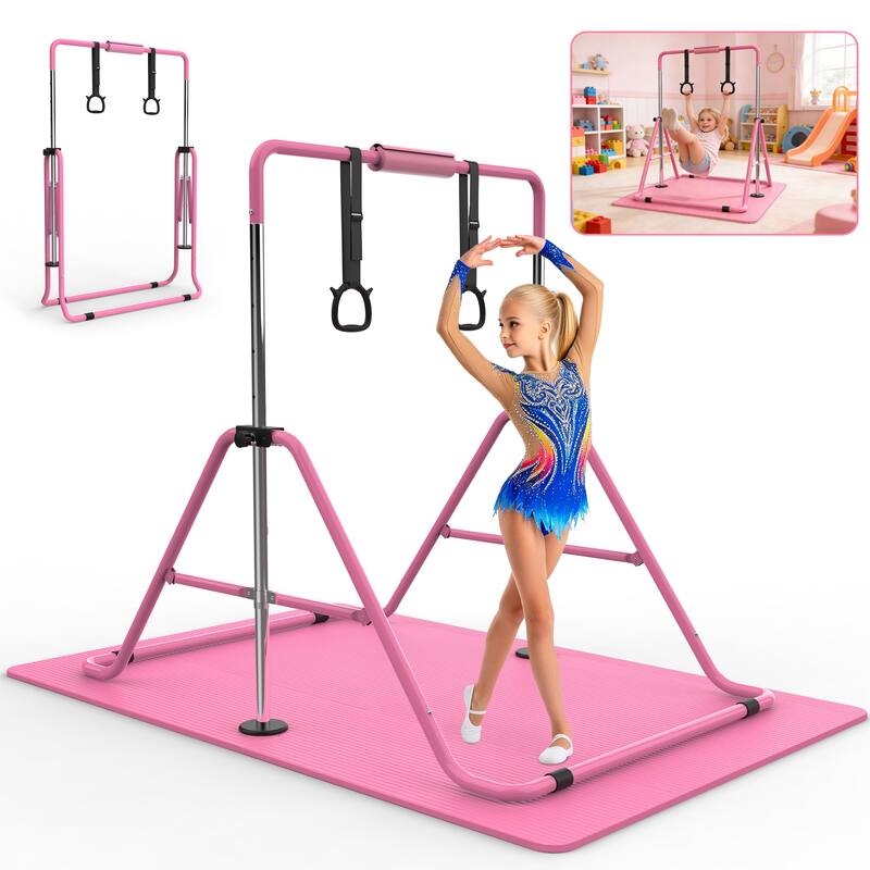 Gymnastics Bar for Kids, Gymnastics Horizontal Bar with Adjustable Height Foldable Training Bar with Mat for Home Practice