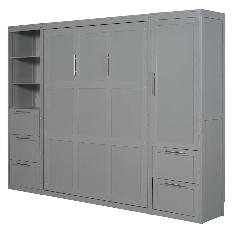 Queen Size Murphy Wall Bed with Built-In Closet, Drawers, and Shelves, Space-Saving Design