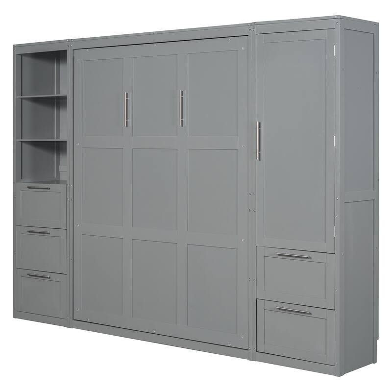 Space-Saving Queen Murphy Bed with Closet, Drawers & Shelves in Gray/White