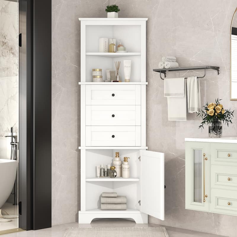 Roomfitters Triangle Tall Storage Cabinet with 3 Drawers Adjustable Shelves for Bathroom Kitchen or Living Room