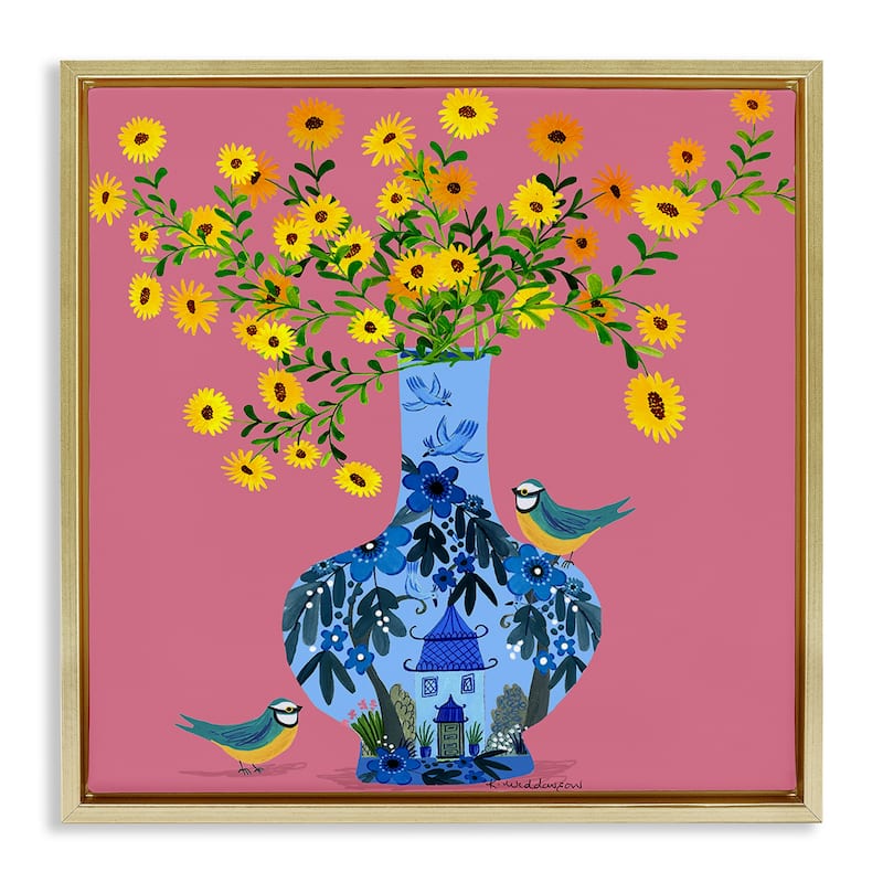 Stupell Ornate Vase with Daisies Framed Floater Canvas Wall Art Design By Kay Widdowson - 18 x 18 - Gold