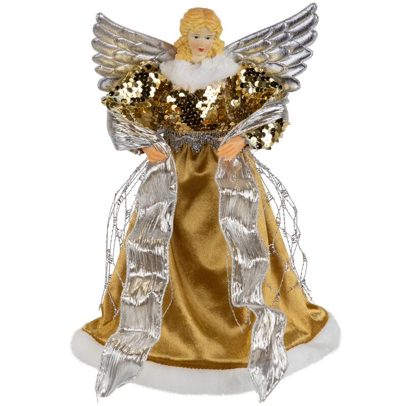 12" Metallic Bronze Silver Sequined Angel Christmas Tree Topper, Unlit