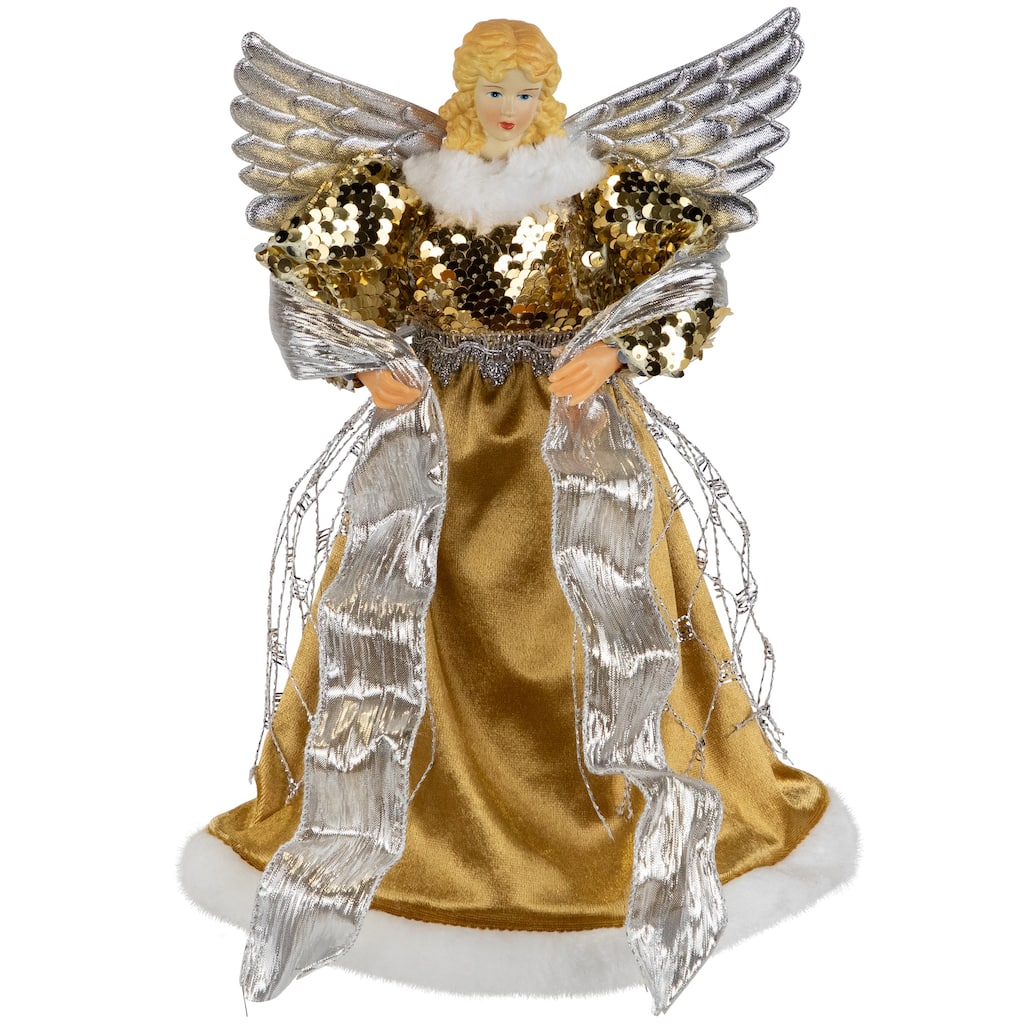12" Metallic Bronze Silver Sequined Angel Christmas Tree Topper, Unlit