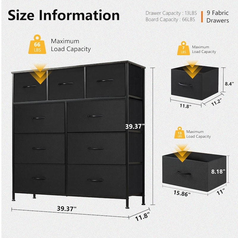 9-Drawer 11.8 in. Wide Chest of Drawers Fabric Storage Tower with Steel Frame, Wooden Top
