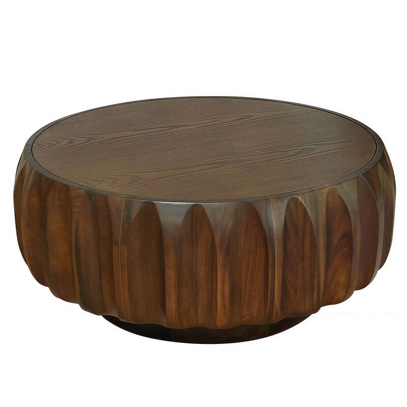Round Coffee Table, Drum Coffee Table Contemporary Wood Round Coffee Table with Fluted Centry Table