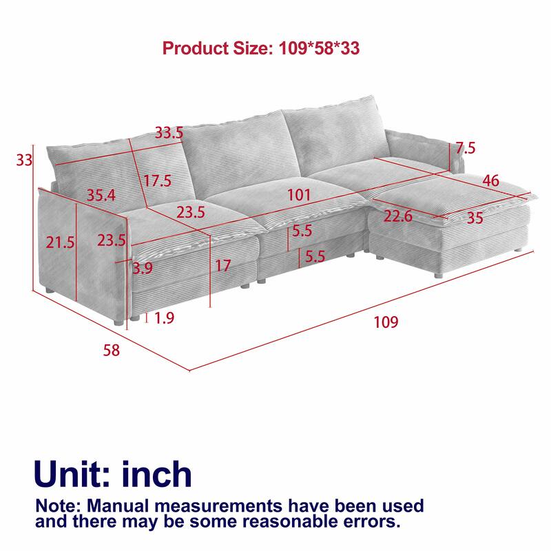 109" Corduroy 3-Seater Cloud Sectional Sofa with Movable Ottoman