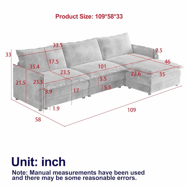 Corduroy Modular Deep Seat Couch L-shaped Sectional Sofa with Ottoman