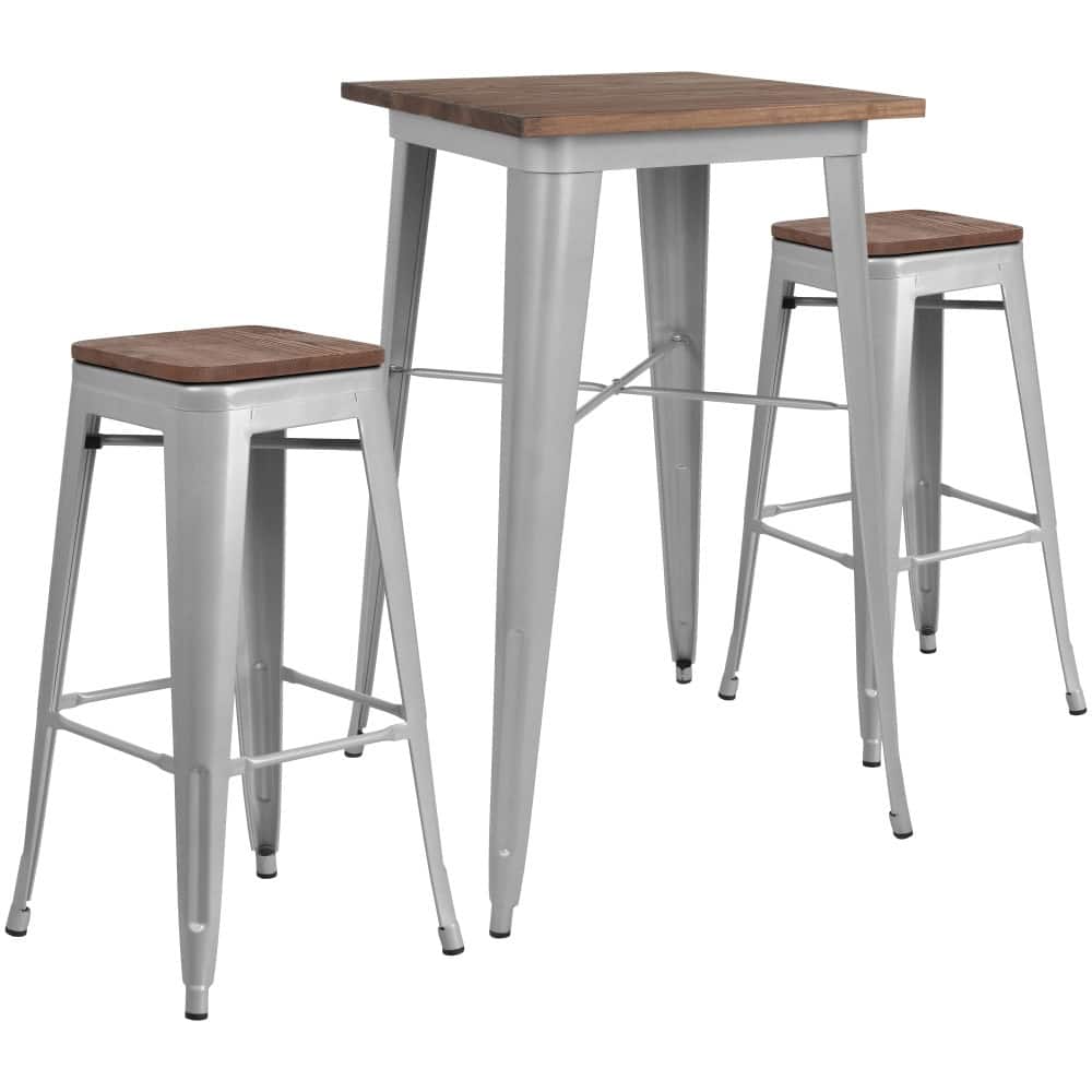23.5" Square Metal Bar Table Set with Wood Top and 2 Backless Stools