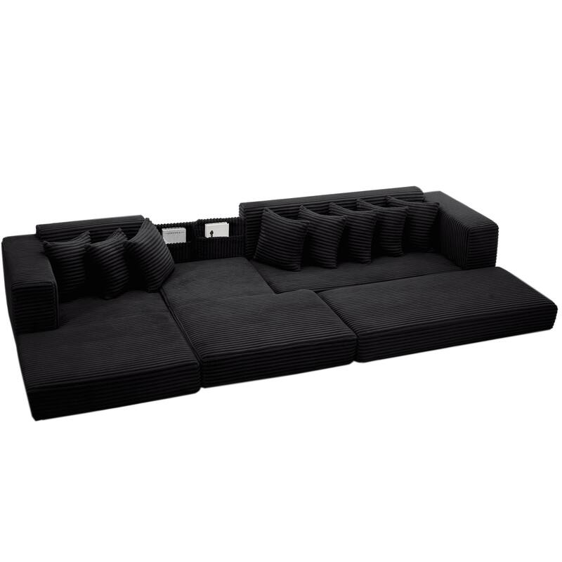 Floor Sleeper Sofa Bed Convertible L-shaped Modular Sectional Couch with Chaise, Corduroy Compression Sofa with Side Pockets