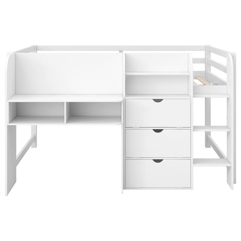 Full Size Low Loft Bed with Bulit-in Desk, Open Bookcase and Storage Cabinets, Wooden Kids Loft Bedframe w/ Graffiti Whiteboard