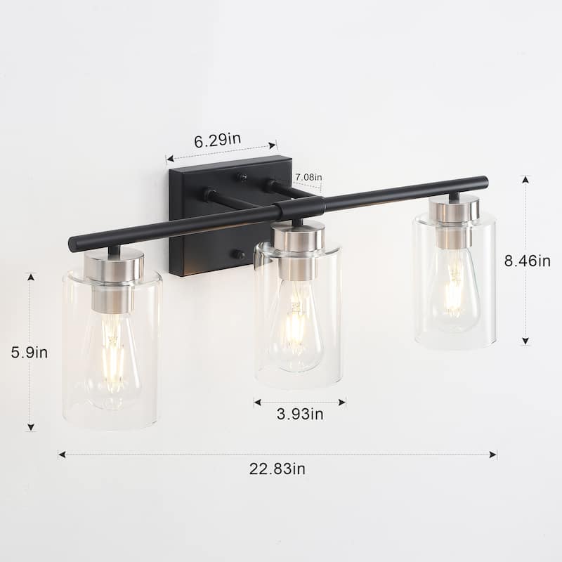 3-Light Wall Lights, Cylinder Bathroom Vanity Lights Glass Hallway Wall Sconces for Dining Room Living Room - W22.83"x H8.46"