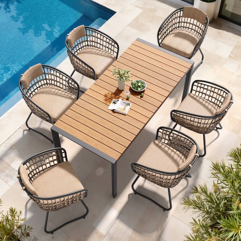 7-Piece Outdoor Patio Dining Set Wood Like Table Top Aluminum Rectangular Umbrella Hole Table with Rattan Chairs - BrownTable&BeigeChairs