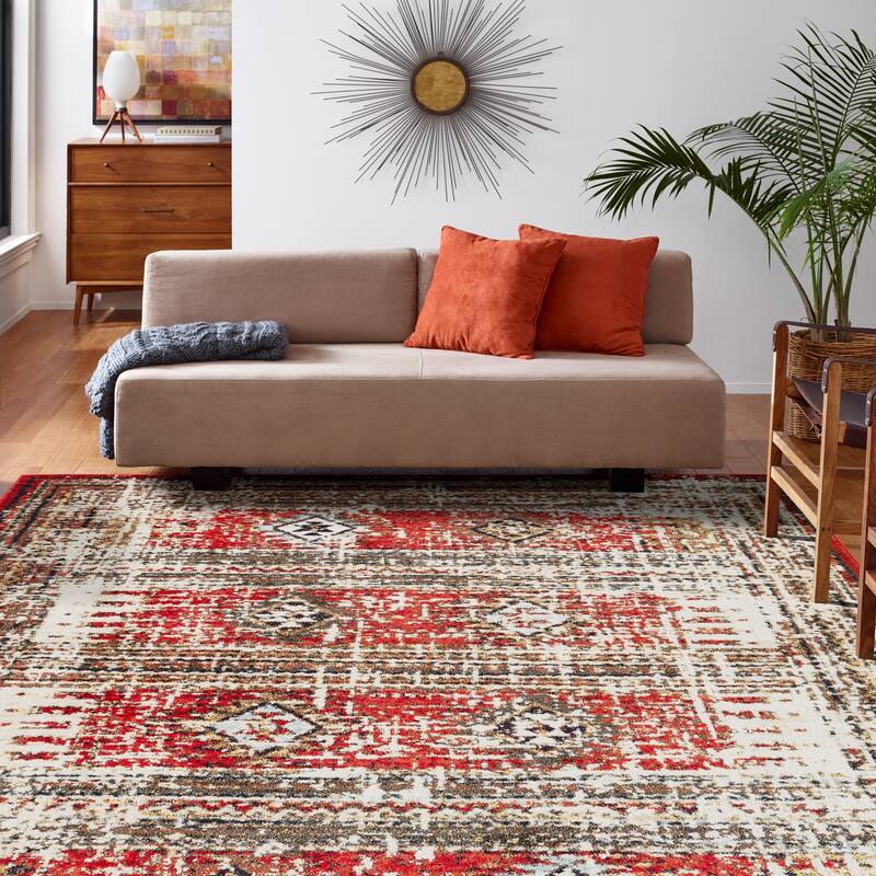 Porch & Den Quinault Distressed Red Stripe and Diamond Area Rug
