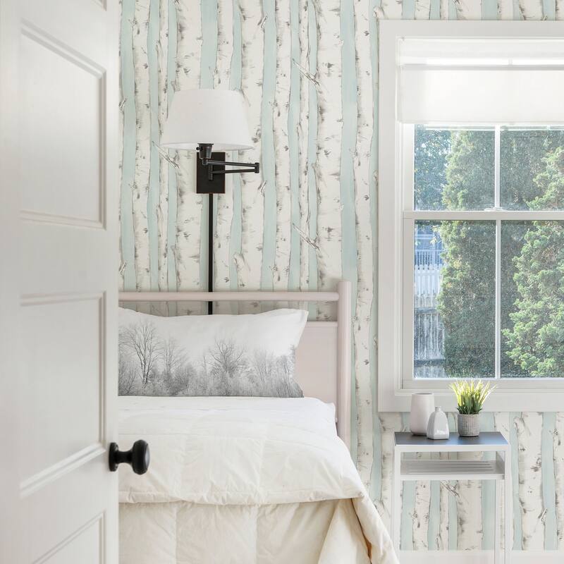 Trees Barack Pioneer Off-White Birch Tree 33' L X 20.5 W Wallpaper Roll - Light Blue