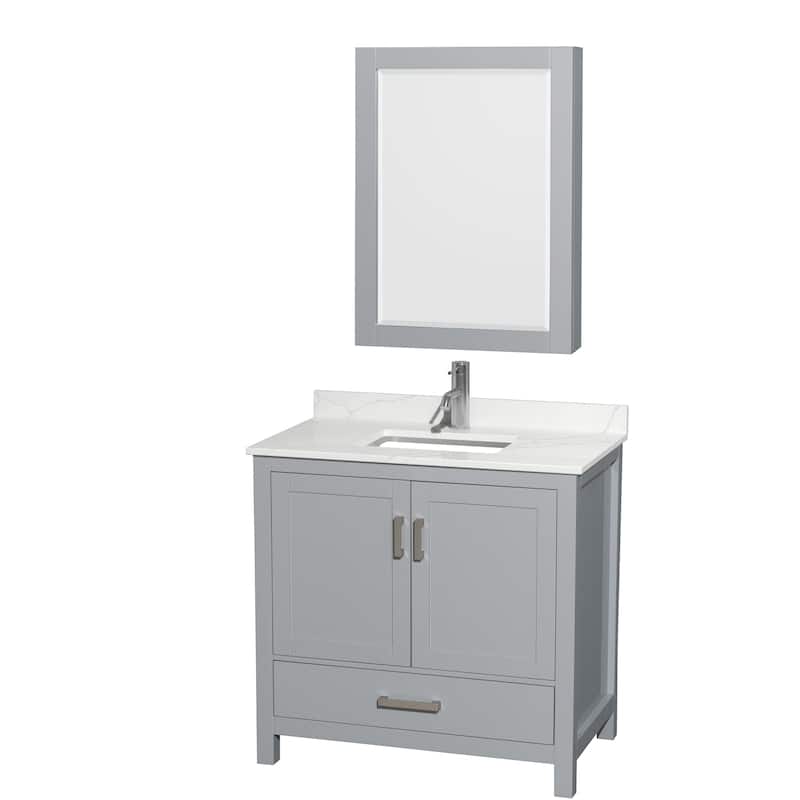 Sheffield 36-inch Single Vanity, Single Hole Quartz Top, Med Cabinet - Gray, Chrome Trim, Giotto Quartz Top