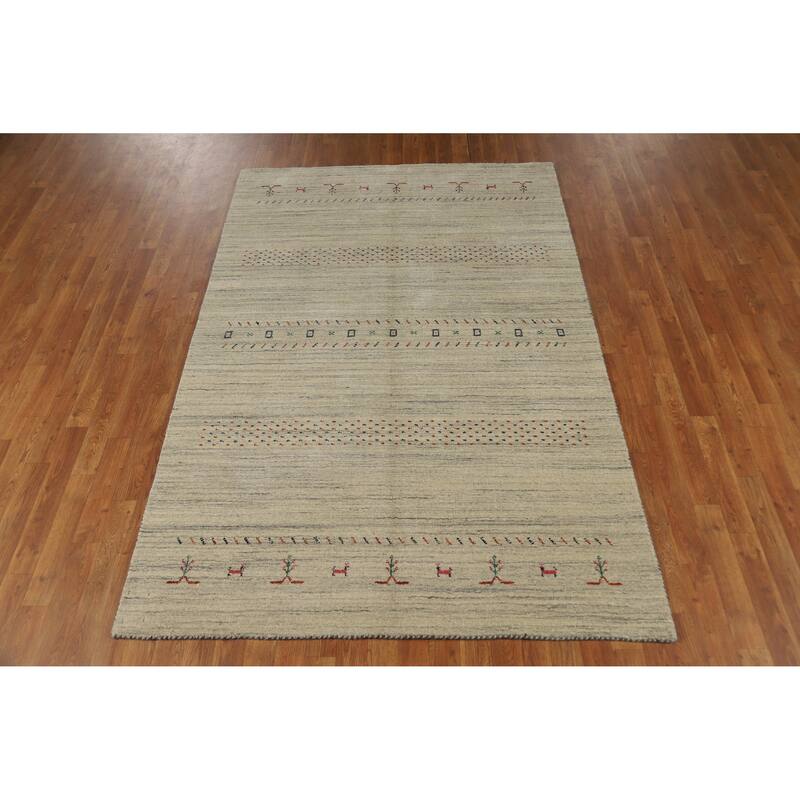 Hand Knotted Oriental 100% Wool Carpet Tribal Animal Pictorial Beige & Ivories Gabbeh Area Rug - 7' 9'' X 5' 1''