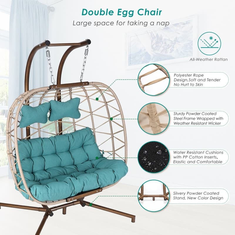 Patio Outdoor Indoor Wicker Double Swing Egg Chair with Stand On Sale