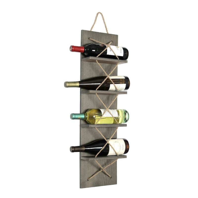 Elegant Designs Positano Nautical Rope 4 Bottle Vertical Wall Mounted Wood Wine Rack - 8 x 4 x 30 (L x W x H)
