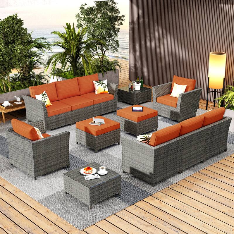 HOOOWOOO 12-piece Wicker Outdoor Sectional Sofa Set with Coffee Table - Red/Orange