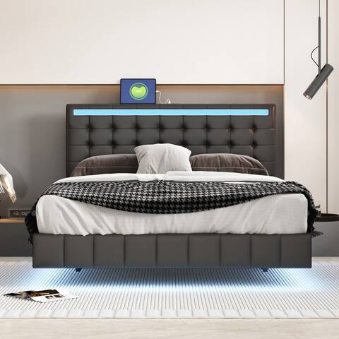 Queen Size Platform Floating Bed with LED Lights and USB Charging