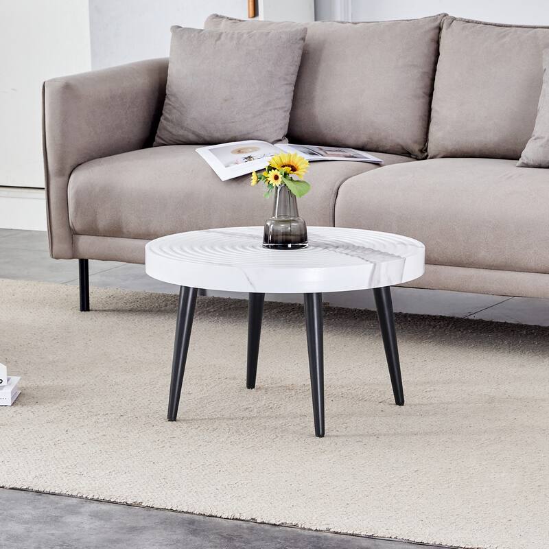 Marble Pattern Round Coffee Table,Exquisite Suction Molding Process,Marble Pattern Design,Black Sprayed Metal Leg - White+Black