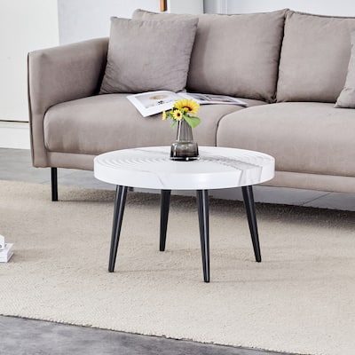 Marble Pattern Round Coffee Table,Exquisite Suction Molding Process,Marble Pattern Design,Black Sprayed Metal Leg