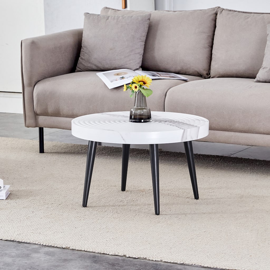 Marble Pattern Round Coffee Table,Exquisite Suction Molding Process,Marble Pattern Design,Black Sprayed Metal Leg