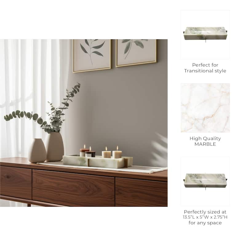 Marble Stone Tray Plate Fauna-Inspired Design Home Office - 3" Green - 13.5" x 5" x 2.5"