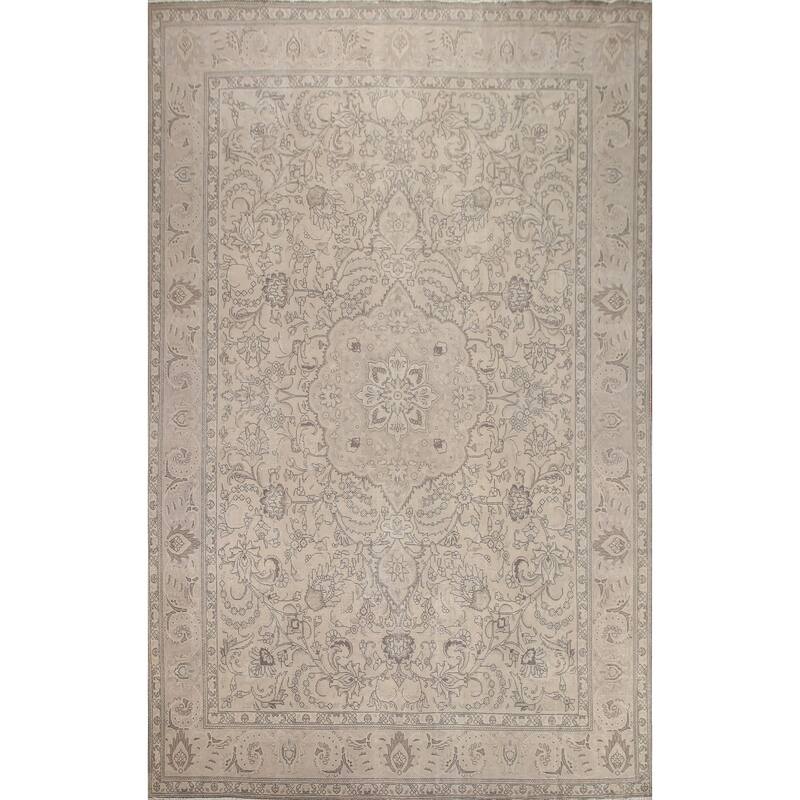 Hand Knotted Oriental 100% Wool Carpet Traditional Floral Beige & Ivories Tabriz Area Rug - 13' 2'' X 9' 10''