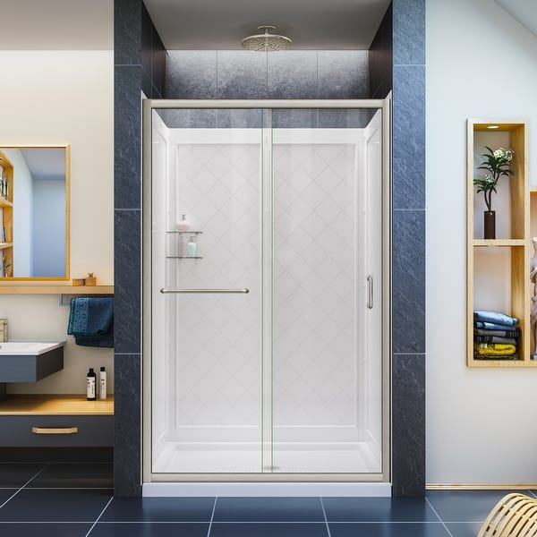 slide 2 of 31, DreamLine Infinity-Z 36 in. D x 48 in. W x 76 3/4 in. H Sliding Shower Door, Shower Base and Backwall Kit Brushed Nickel Finish Clear Glass